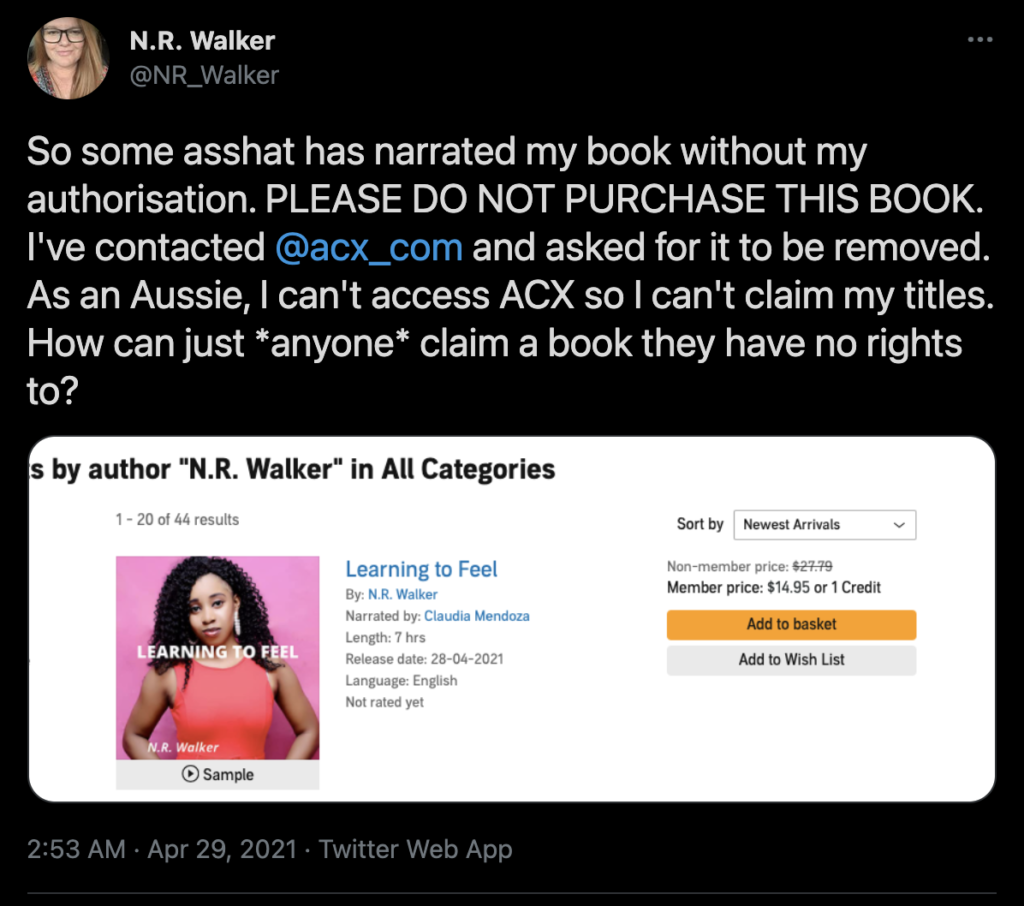 N.R. Walker's tweet about ACX scams.