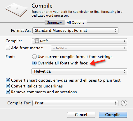 Font selection from Scrivener Compile Feature