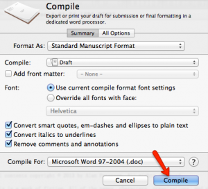 Compile manuscript from Scrivener and export as Word Doc