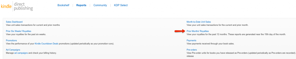 KDP Prior Month's Royalties Report