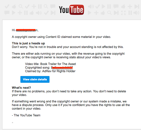 Email from YouTube about copyright claim