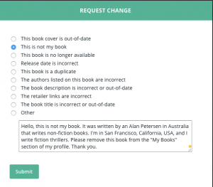 BookBub Author Profile Change Request for My Books